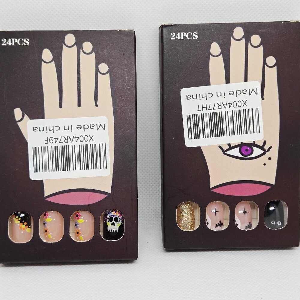 NIB SET OF 2 HALLOWEEN DECOR/PARTY PRESS ON NAILS, GHOSTS, PUMPKINS, 48 TOTAL